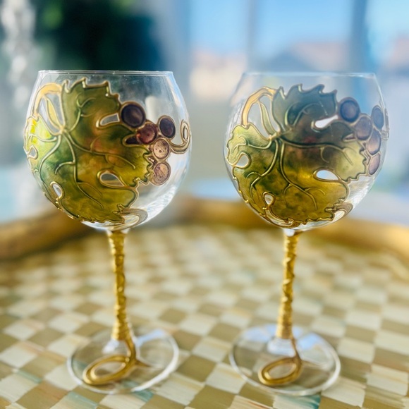 Murano Art Glass Green & Gold Gilt Wine / Glasses 8-3/4 Tall Set of 2 Italy - Picture 6 of 6